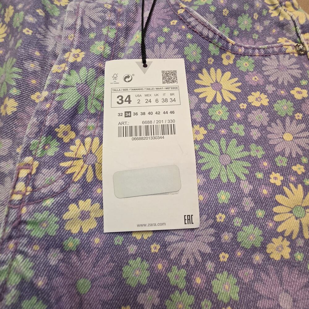 Zara High-Rise Purple Floral Denim Shorts Sz 2 NWT Button Fly - Picture 4 of 11
